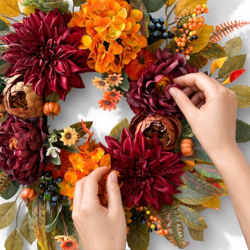 24-Inch Fall Wreath for Front Door - Autumn Decorations, Realistic Artificial Flowers