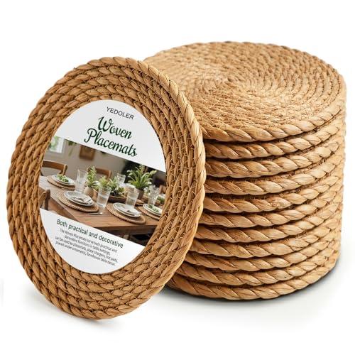 12 Pcs Round Woven Placemats - Farmhouse Boho Straw Heat-Resistant Table Mats