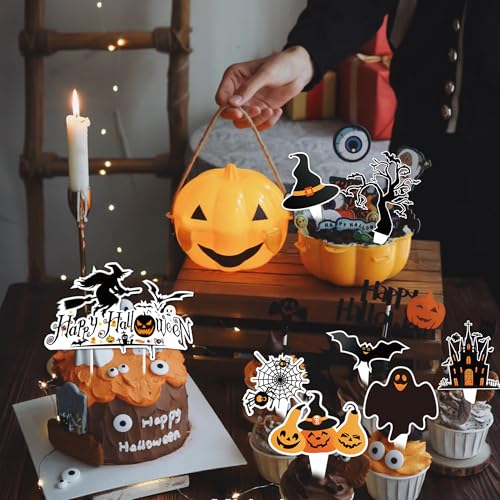 Halloween Cupcake Toppers & Cake Decorations Set 73 Pieces Ghost Pumpkin Bat Witches