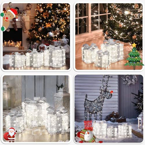Christmas Lighted Gift Boxes Set of 3 - Silver, 140 LEDs, 8 Modes, Timer - Elegant Holiday Decor