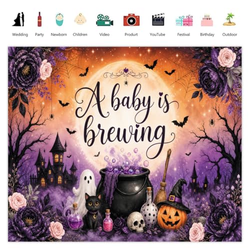 Halloween Baby Shower Backdrop 10x8ft Purple Spooky Cauldron & Moon Variation of THIS listing