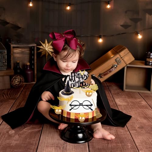 Wizard Cake Topper 14PCS Magical Wizard Party Decorations for Halloween & Birthday - Gold & Glasses Variation 2