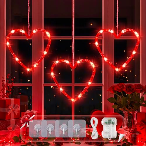 Valentine's Day Window Lights - Red Heart Silhouette LED String with Timer - Hearts Variation