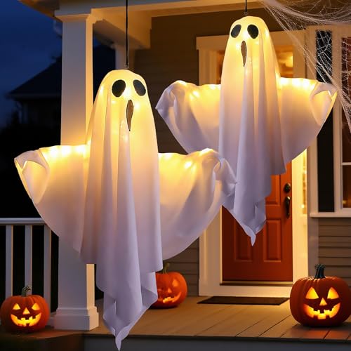 Outdoor Hanging LED Ghost Decorations - Adjustable Spooky & Fun Halloween Yard Decor (2 Pack, White)
