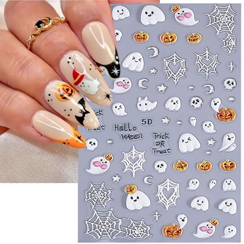 Halloween Ghost Nail Stickers - 3 Sheets Self-Adhesive Pumpkin Spider Web Decals - Variation of THIS listing: 6