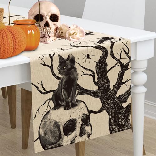 Halloween Gothic Skull Black Cat Crows Table Runner 13x36 Inch - Spooky Seasonal Decor