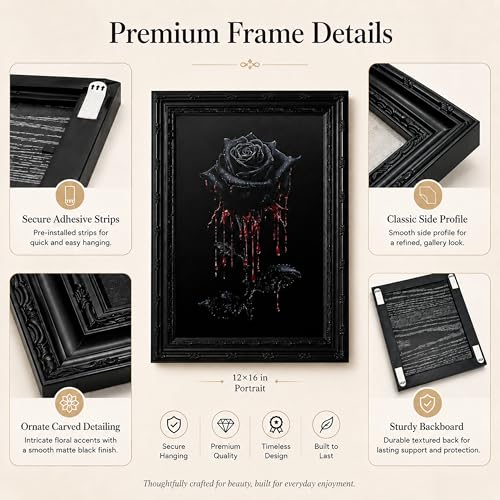 Wonjizdon Vintage Gothic Black Rose Canvas Wall Art 11x9 Inches - Framed