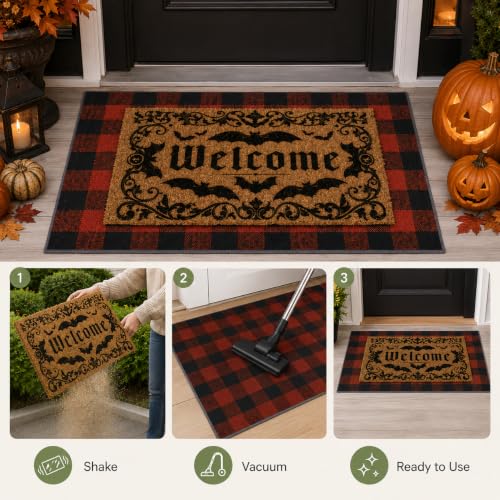 Brown Halloween Door Mat Set - Bat Welcome Doormat & Checkered Entry Rug