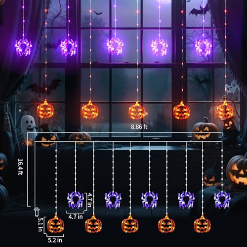 Halloween Window Curtain Lights with Spider and Pumpkin Decorations - Indoor String Lights, 8 Modes, Timer
