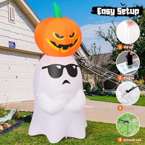 6.2 Ft Halloween Inflatable Ghost with Pumpkin and LEDs Outdoor Yard Decor