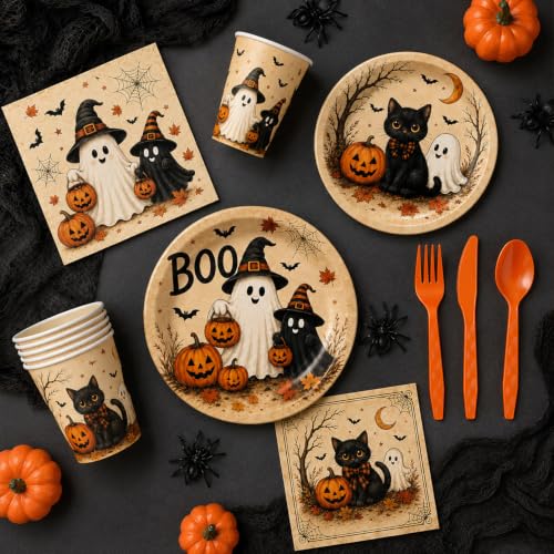 Halloween Party Supplies Set with Plates Cups Napkins Cutlery Ghost Black Cat Design