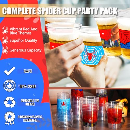 100Pcs Spider Web Party Cups - 12oz Disposable Plastic Drinkware for Halloween & Themed Celebrations - Red & Blue