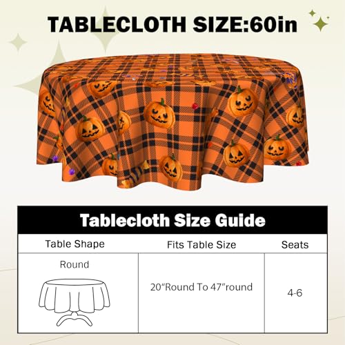 Halloween Pumpkin Lollipop Circular Tablecloth - 60 Inch Orange Buffalo Plaid Fall Decor