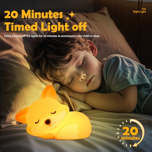 Orange Silicone Fox Night Light for Kids - Rechargeable Nursery Lamp with Timer