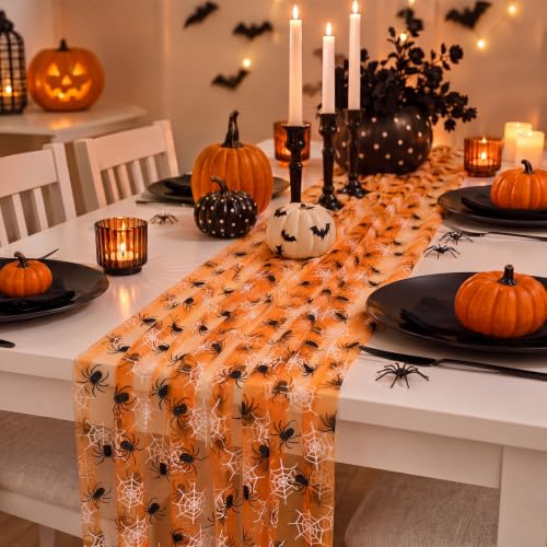 Halloween Orange Spider Web Table Runner Set - 4 Pcs 29x70 Inch Lace Decor - Spider Variation