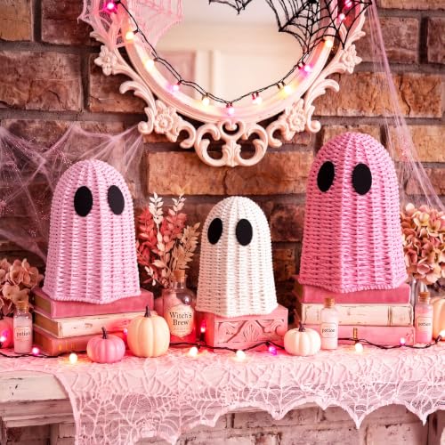 Pink Wicker Ghost Halloween Decor Set - Rustic Rattan Figurines, 3 Pieces