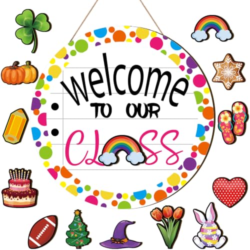 Interchangeable Classroom Welcome Sign with 13 Seasonal Icons - Vintage 14 Variation