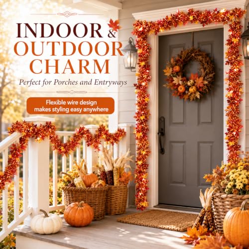 Rainflow 5 Pack Fall Maple Leaves Garland - Orange Red Thanksgiving Tinsel