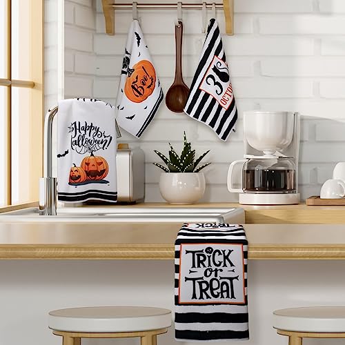 Halloween Kitchen Towels Set - 4 Pieces with Pumpkin Cat Bat Prints, Black and White