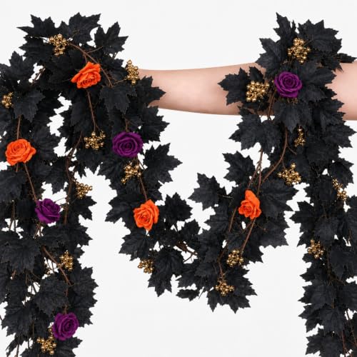 Halloween Garland 2 Pack - Purple Orange Roses with Gold Berries & Black Vines