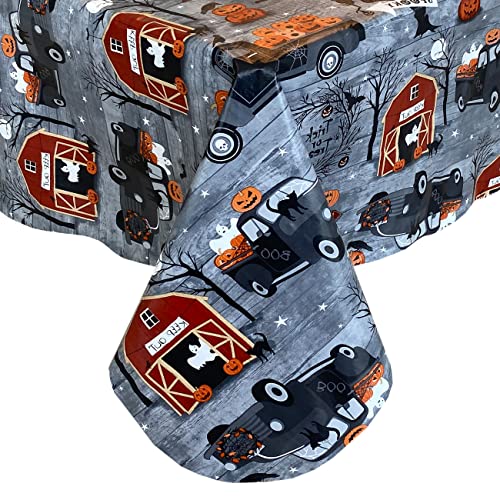 Haunted Farm Rectangular Vinyl Tablecloth 84x60 Inches with Flannel Backing - Spooky Ghosts and Pumpkin Scene