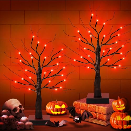 Halloween Decorations Indoor 2 Pack Black Tree with Orange Lights - 24in Timer