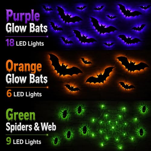 Halloween 41-Piece Light-Up Bat & Spiders Wall Decor Kit with Glow Effects