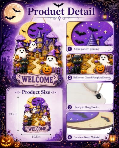 Halloween Wooden Wreath for Front Door - Purple Ghost Hanging Sign