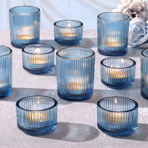 Blue Ribbed Votive Candle Holders Set - 20 Pcs, Assorted Sizes, Wedding & Party Decor Variation of Blue / 20