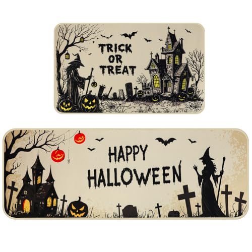 Halloween Kitchen Rugs Set of 2 - Spooky Witch Pumpkin Bat Doormat Non-Slip Entrance Mats