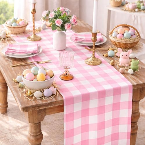 Pink Checkered Plaid Table Runner 13x108 Inch Pack of 4 - Cotton Fabric