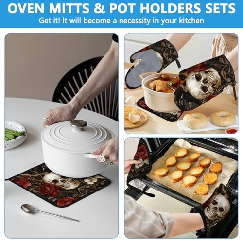 Halloween Skull Rose Crow Oven Mitts & Pot Holder Set - Heat Resistant Kitchen Accessories