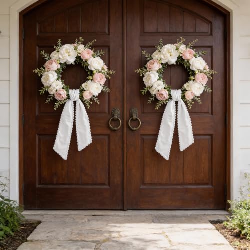 White Satin Wreath Sash Set - 4 Pieces with Plain Trim for Front Door Decor