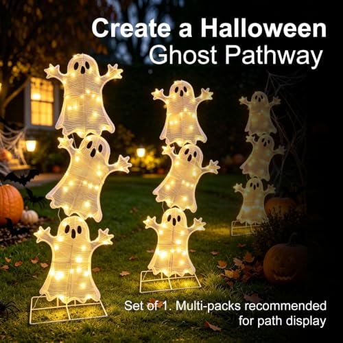 Halloween Decorations Lighted 3 Stacked Ghosts - Battery Operated LED Ghost Yard Sign with Timer, Indoor Outdoor Holiday Decor