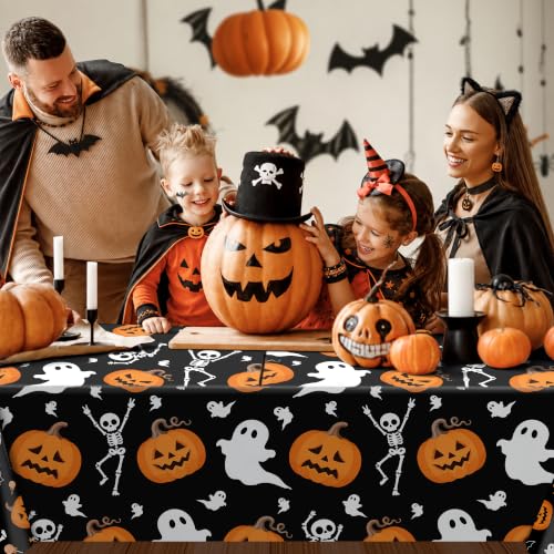 Halloween Disposable Plastic Tablecloth 54x108 Inch - 3 Pack for Indoor Outdoor Parties - Black Pumpkin Skeleton Design - Variation: Halloween