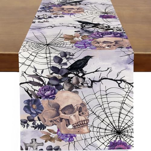 Purple Gothic Skeleton Skull Halloween Table Runner - 13x72 Inch Modern Design