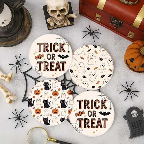 Kawaii Ghost Cat Halloween Coasters Set of 6 Ceramic Stone Drink Protectors with Cork Base