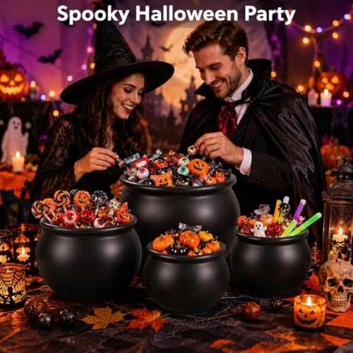 Black 4-Piece Halloween Witch Cauldron Bucket Set - 12, 10, 8 & 6 Inch Sizes