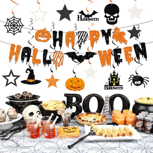 Halloween Wall & Ceiling Decorations Streamers Kit - Black, Orange, White - Indoor Party Decor