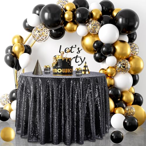 Black Sequin Round Tablecloth 90 Inch - Sparkling Party Decor, QueenDream