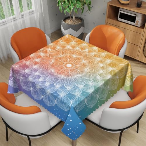54x54 Inch Square Mandala Tablecloth Rainbow Gradient Boho Polyester Dining Cover