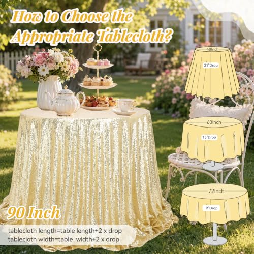 Light Gold Sequin Round Tablecloth 90 Inch - Sparkly Party Cover - Variation: Light Gold / 90"