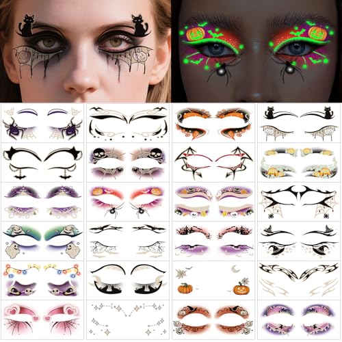 Glow in the Dark Halloween Luminous Eye Shadow Tattoos - 24 Pairs Spider Web Bat Design
