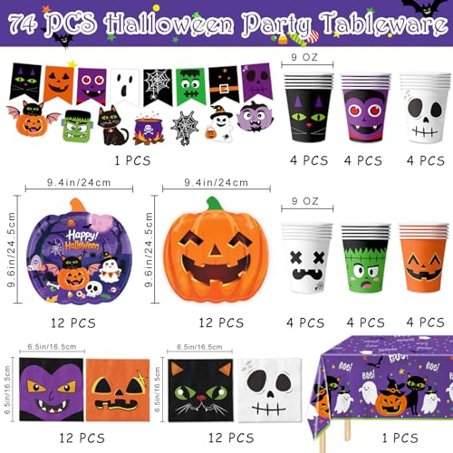 Halloween Party Supplies Set - Pumpkin Paper Plates Cups Napkins Banner Tablecloth - 74 Pieces for Festive Celebration