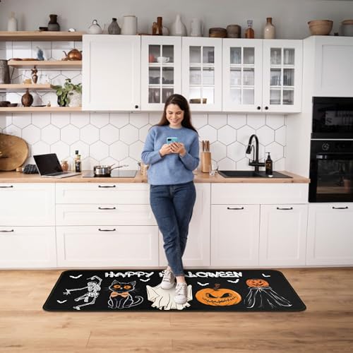 Halloween Pumpkin Skull Ghost Black Cat Doormat Set - Non Slip Absorbent Kitchen Rugs, 17x30 & 17x47 Inches, Black-D Variation