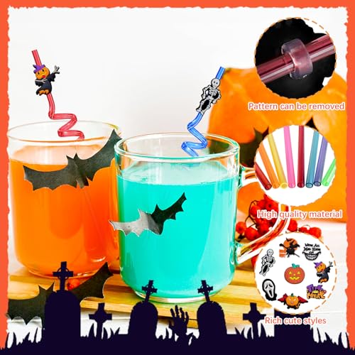 Halloween Party Straw Set - 8 Reusable Plastic Skeleton Pumpkin Witch Designs