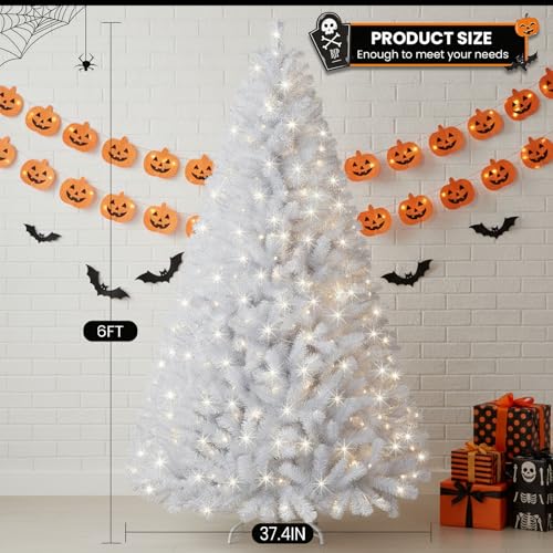 White 6ft Prelit Christmas Tree with 300 LED Lights & PVC Branches - Halloween & Xmas Decor - Metal Stand & Hinged Branches (Variation: White / 6ft)