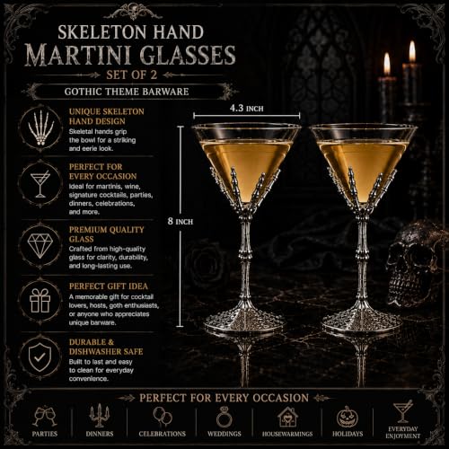Skeleton Hand Martini Glasses Set of 2 - Novelty Halloween Cocktail Barware