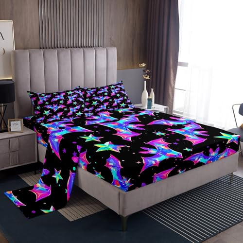 Halloween Bat Fitted Sheet Set - Kids King Size Bedding for Boys & Girls