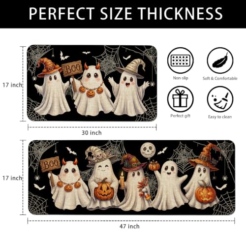 Halloween Ghost Kitchen Mat Decor Set of 2 - Black Ghost Indoor Rugs for Halloween